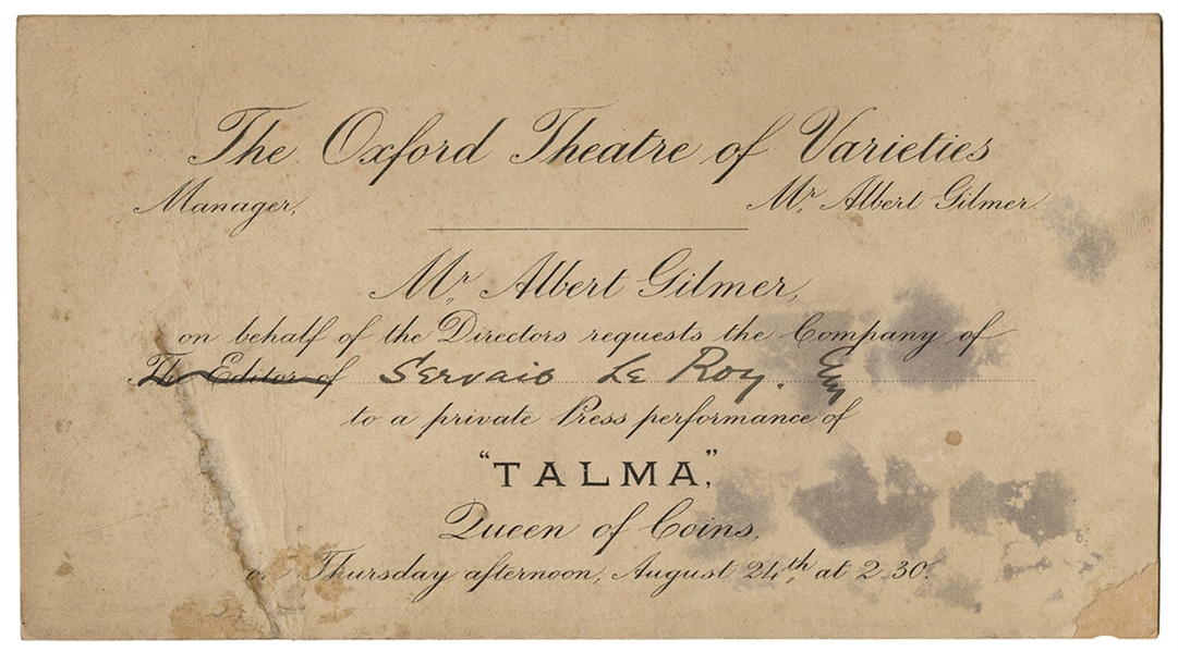 Servais LeRoy’s Invitation to a Performance by Mercedes Talma.