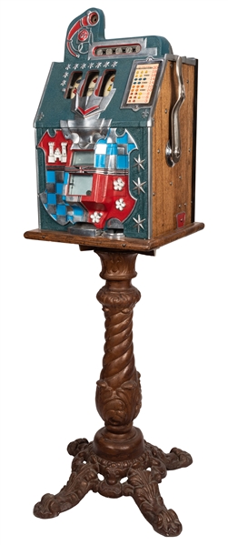 Mills 5 Cent Castle Front Slot Machine With Claw Foot Stand.
