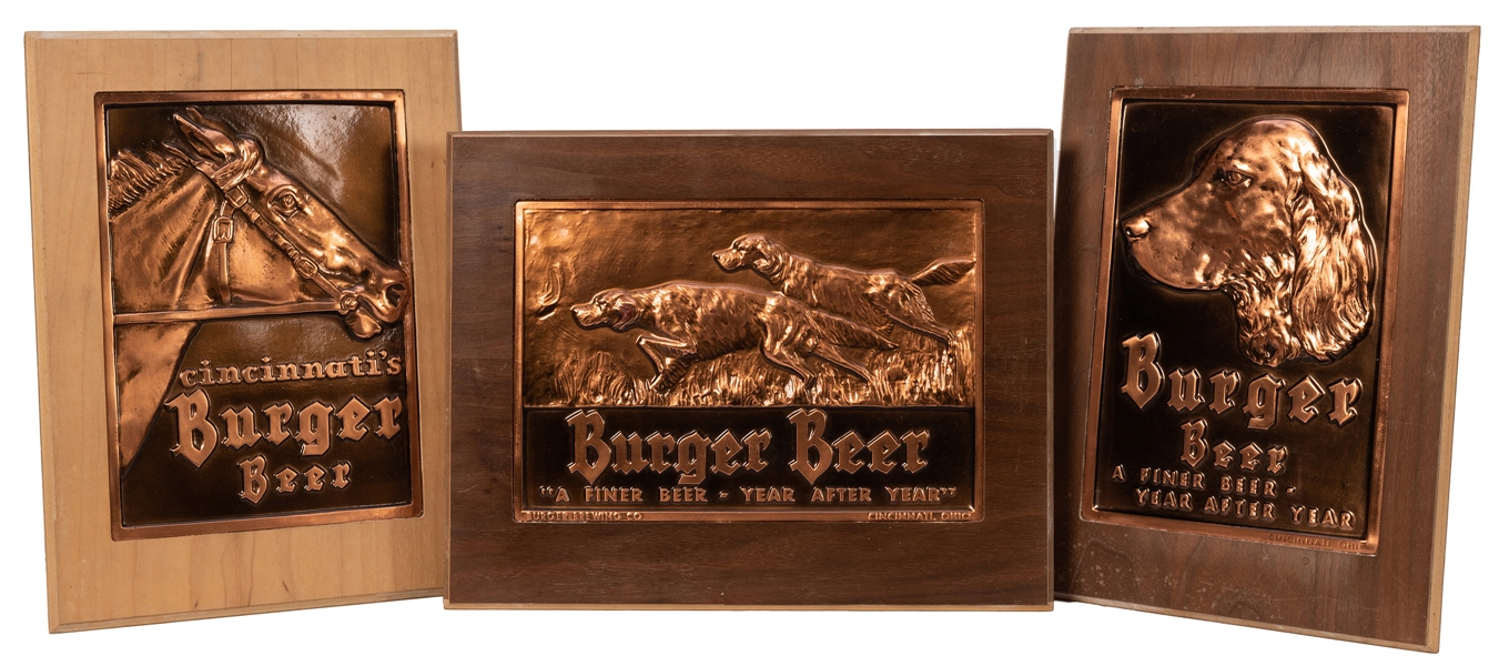 Burger Beer. Three Copper Advertising Plaques.