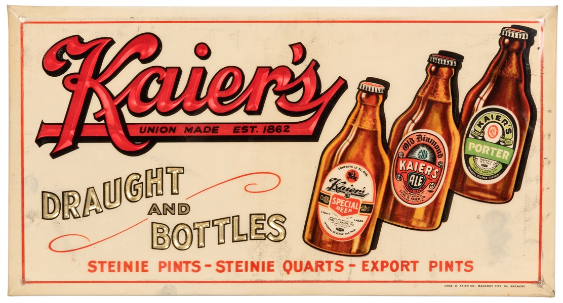 Kaier’s Draft and Bottles. Celluloid and Tin Over Cardboard Sign.