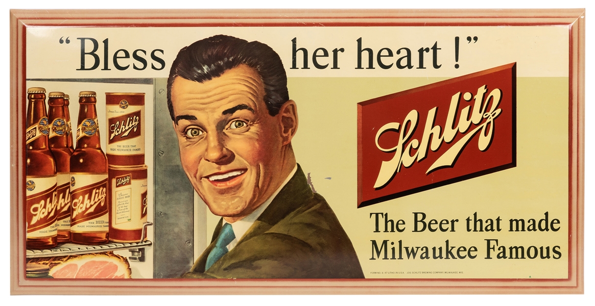 Schlitz “Bless Her Heart” Metal Advertising Sign.