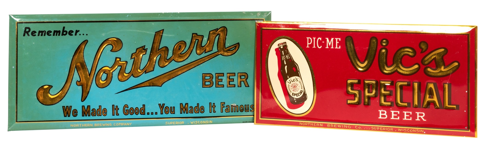 Vic’s Special and Northern Beer. Two Tin Over Cardboard Signs.