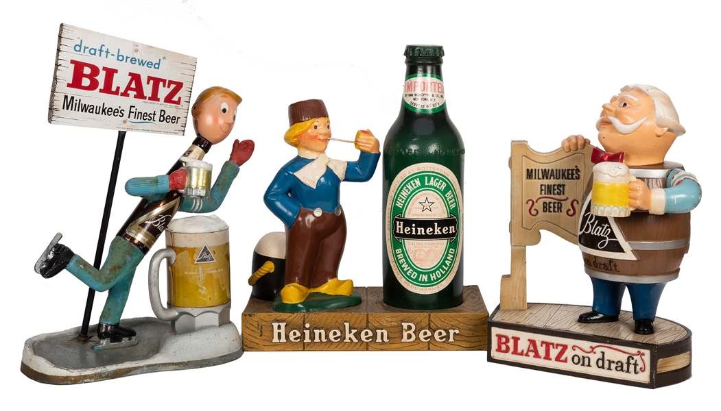 Three Blatz and Heineken Store Display Beer Figures.