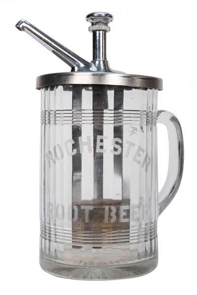 Rochester Root Beer Etched Glass Dispenser.