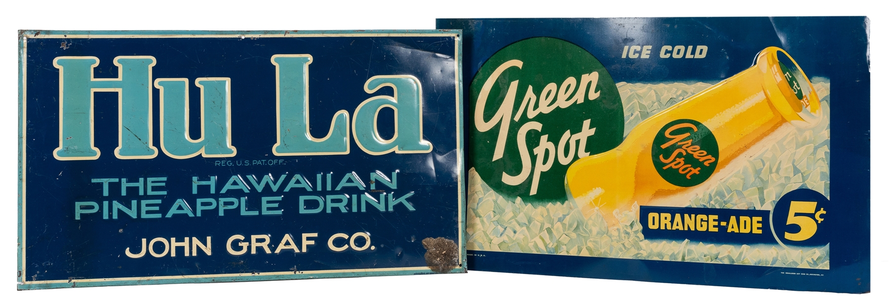 Hu La and Green Spot. Pair of Embossed Tin Signs for Fruit Beverages.