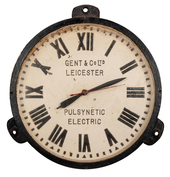 Enameled Cast Iron Gent & Co. Pulsynetic Train Station Clock.