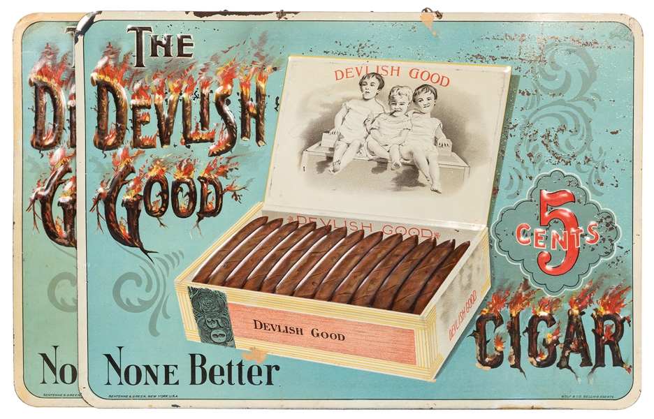 Two Devilish Cigar Embossed Tin Signs With Chain Hangers.
