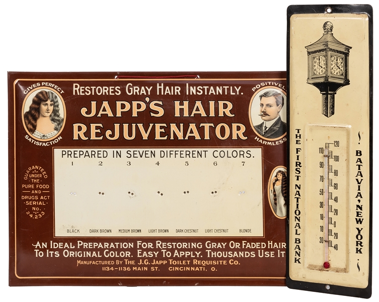 Thermometer and Japp’s Hair Rejuvenator Sign.