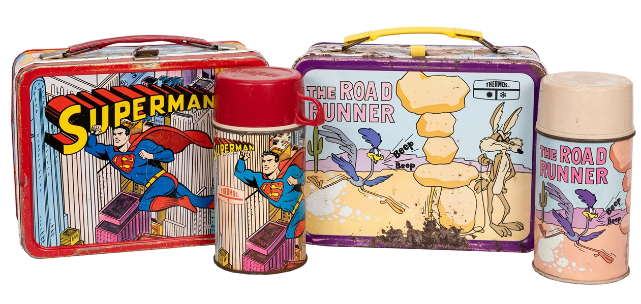 Superman and Roadrunner Lunch Boxes and Thermoses.