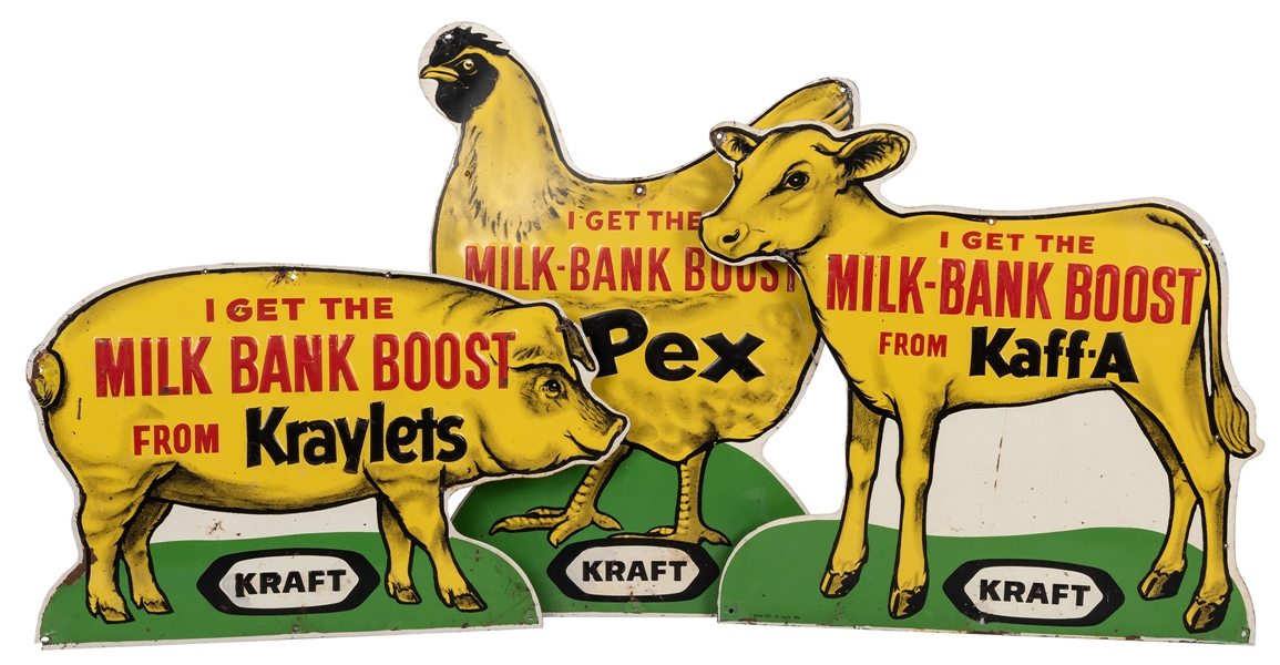 Three Vintage Kraft “Milk Bank Boost” Embossed Tin Signs.
