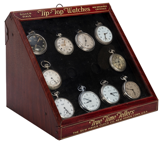New Haven Clock Co. Country Store Display Case for “Tip-Top” Pocket Watches With Ten Pocket Watches.