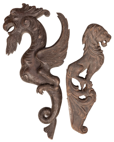 Nineteenth Century Carved Wooden Griffin / Lion Brackets.