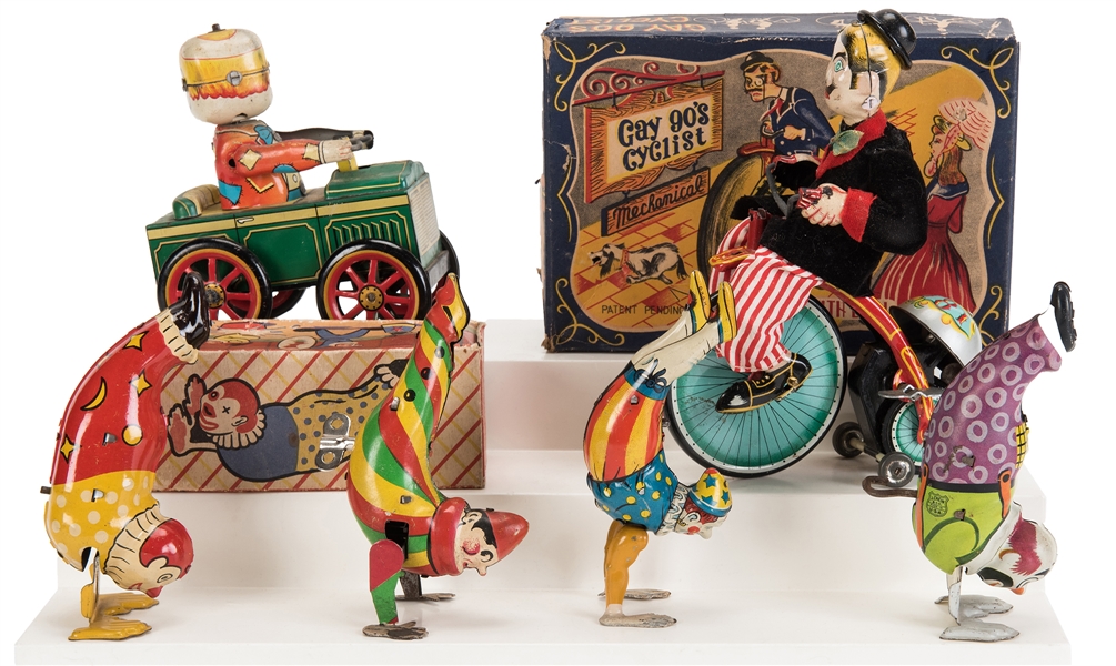 Lot of Six Tin Litho Vintage Circus Toys.