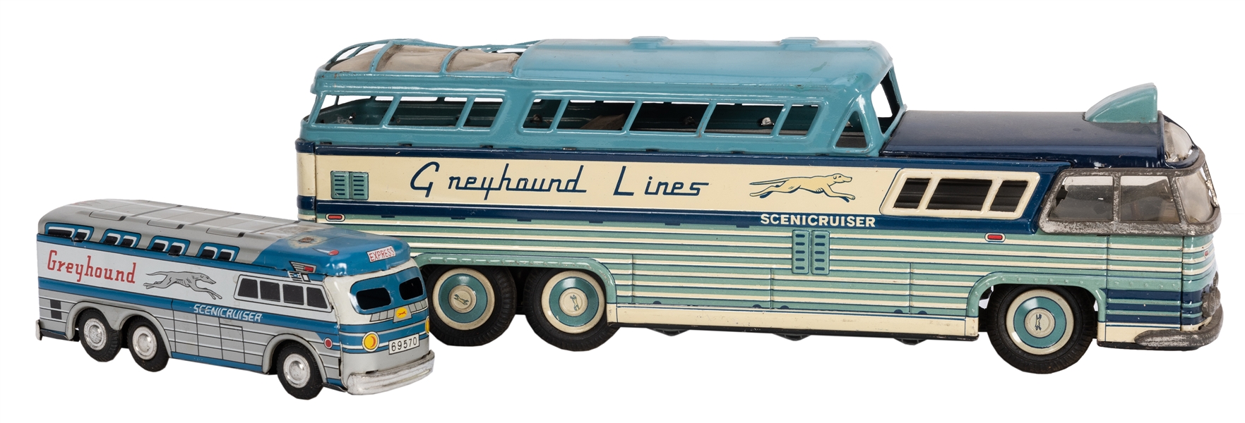 Two Tin Litho Greyhound Buses.