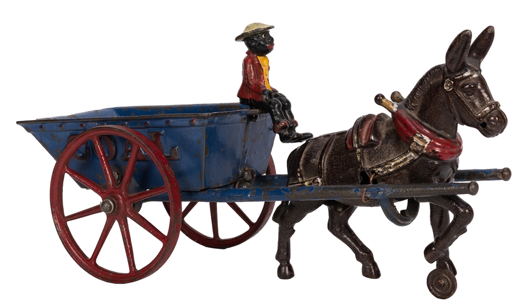 Cast Iron Mule-Drawn Coal Cart With Black Rider.