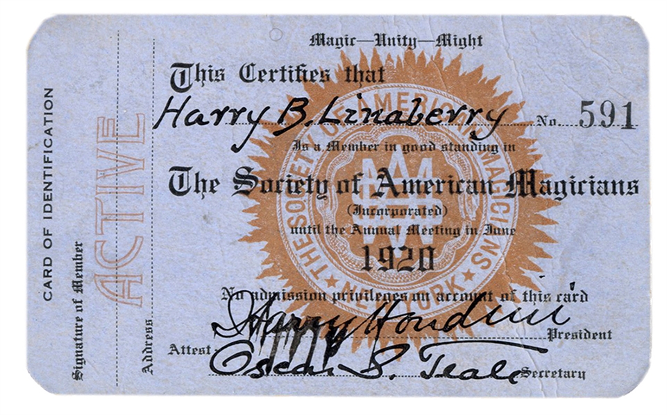 S.A.M. Membership Card Signed by Harry Houdini.