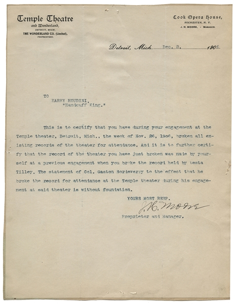 Temple Theatre Signed Letter Certifying Record-Breaking Attendance at Houdini’s Engagement.