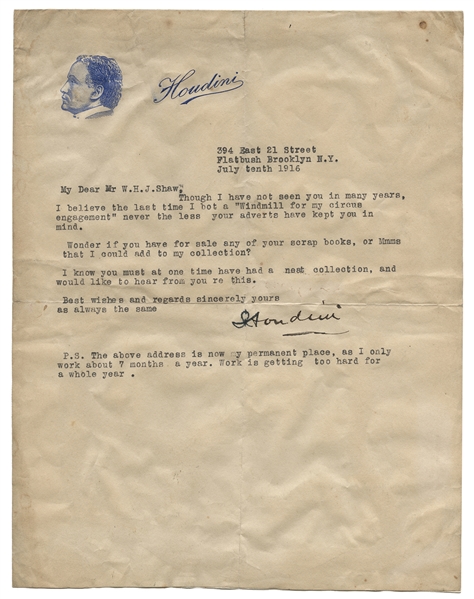 Houdini Typed Letter Signed, on Rare Letterhead.
