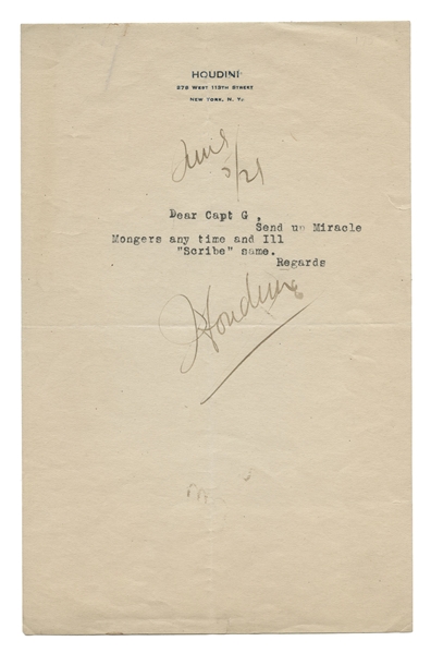 Harry Houdini Typed Letter, Signed.