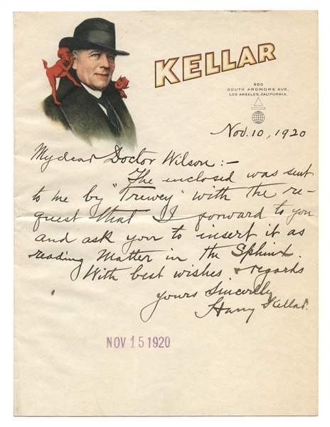 Kellar Autograph Letter Signed to A.M. Wilson.