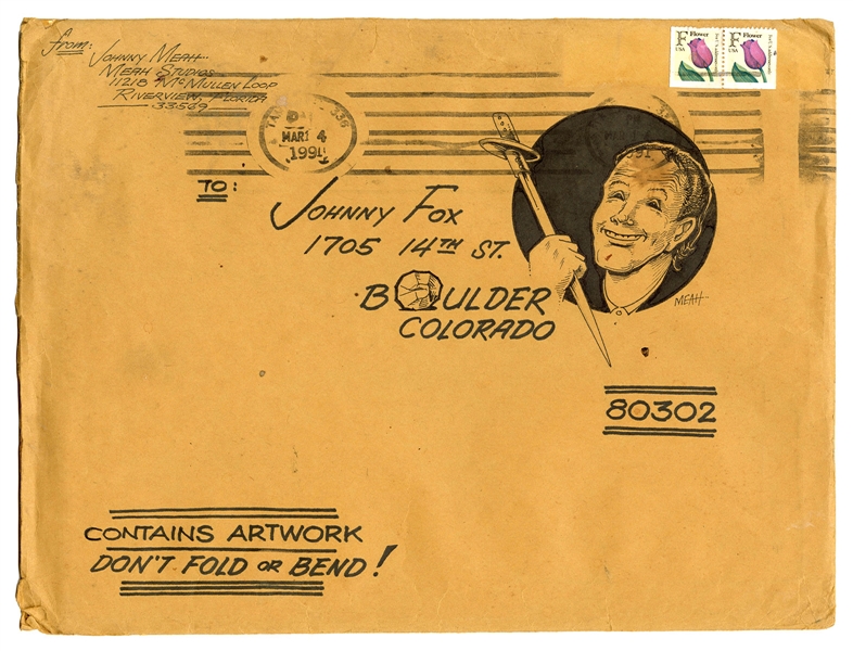 Mailing Cover with Original Ink Portrait of Johnny Fox.