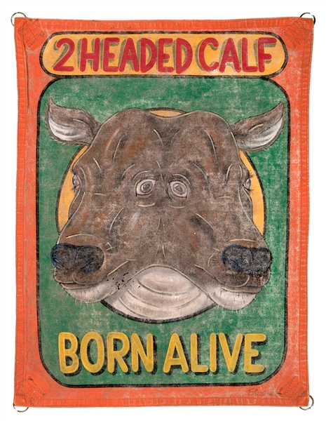 Two Headed Calf. Born Alive. Miniature Sideshow Banner.