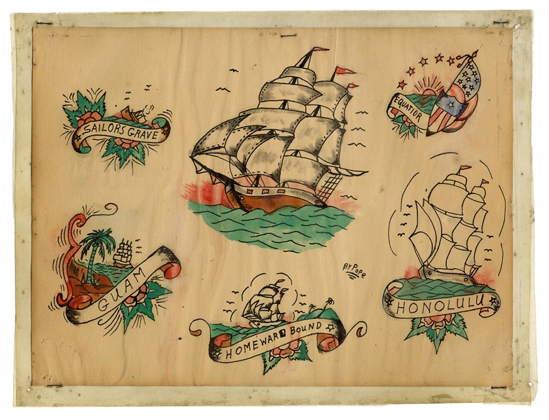 Antique Tattoo Folk Art Panel on Paper.