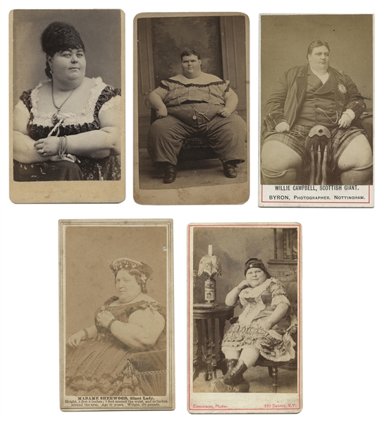 Group of 18 Cabinet Cards and Photographs of Sideshow Fat People.
