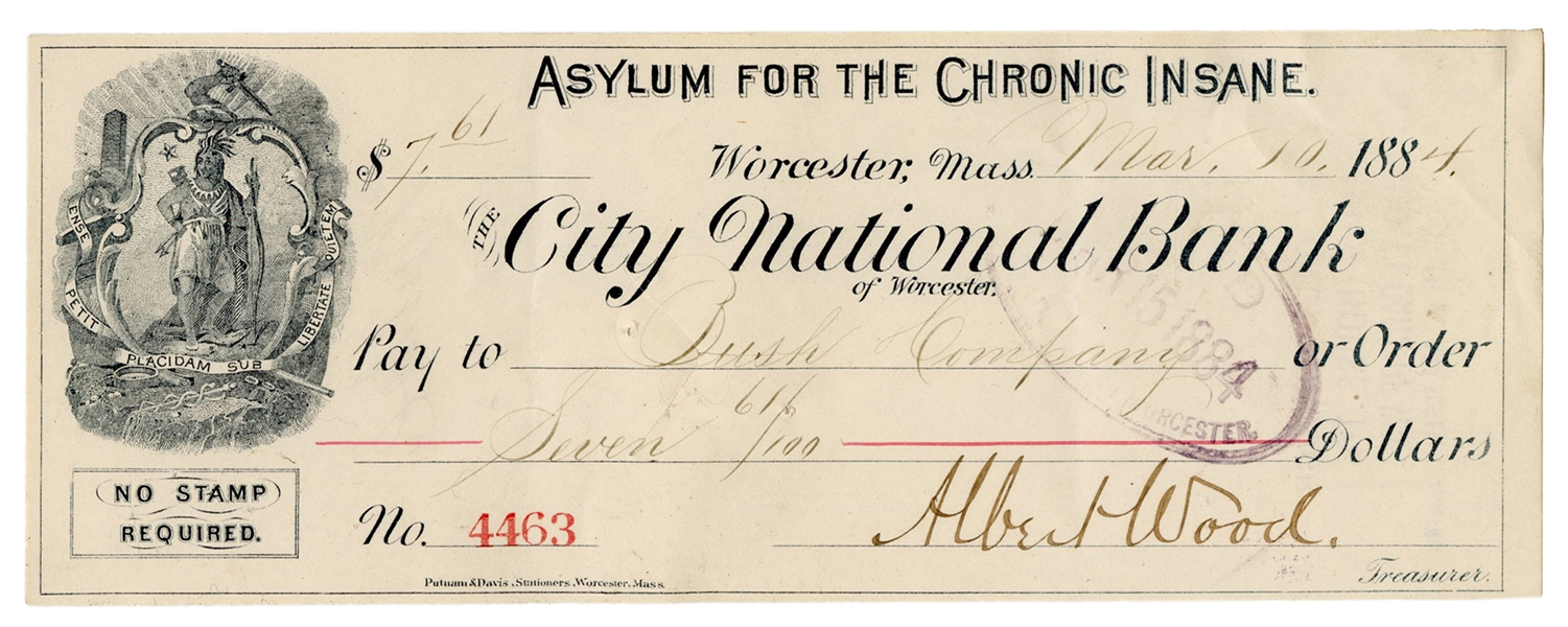 Asylum for the Chronic Insane Lithograph Bank Check.