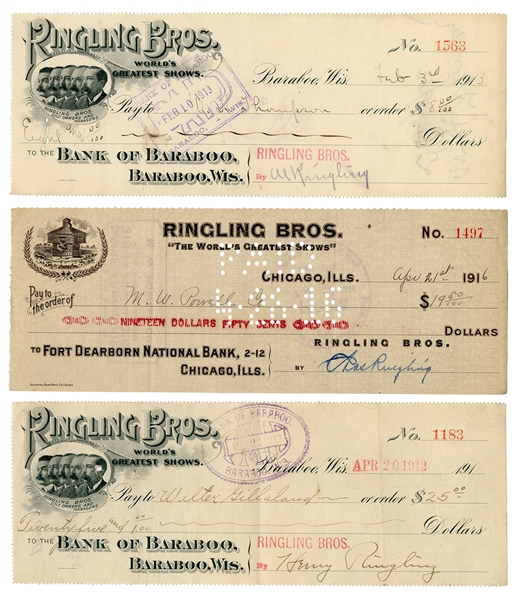 Trio of Checks Signed by the Ringling Brothers.