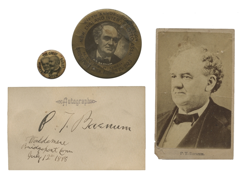 P.T. Barnum Autograph, CDV, and Pinbacks.