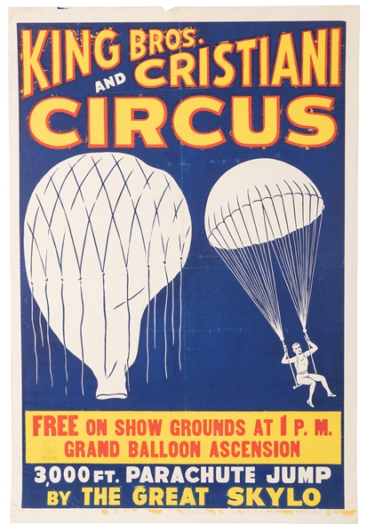 King Bros. and Cristiani Circus. 3,000 Ft. Parachute Jump.