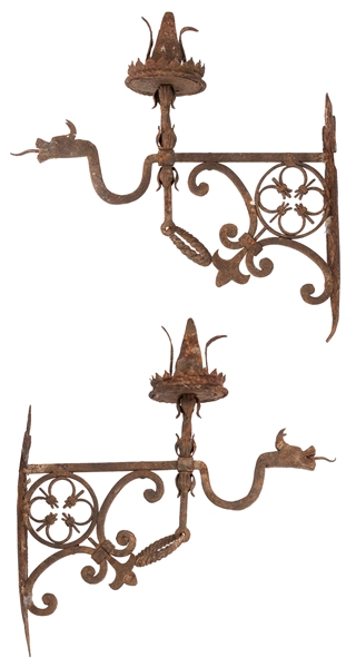 Cast and Hammered Iron Griffin Wall Sconces.