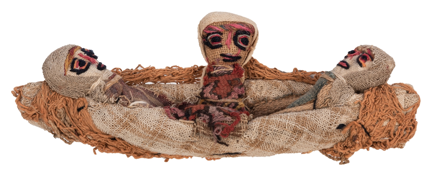 Peruvian Chancay Textile Dolls Boating Scene.
