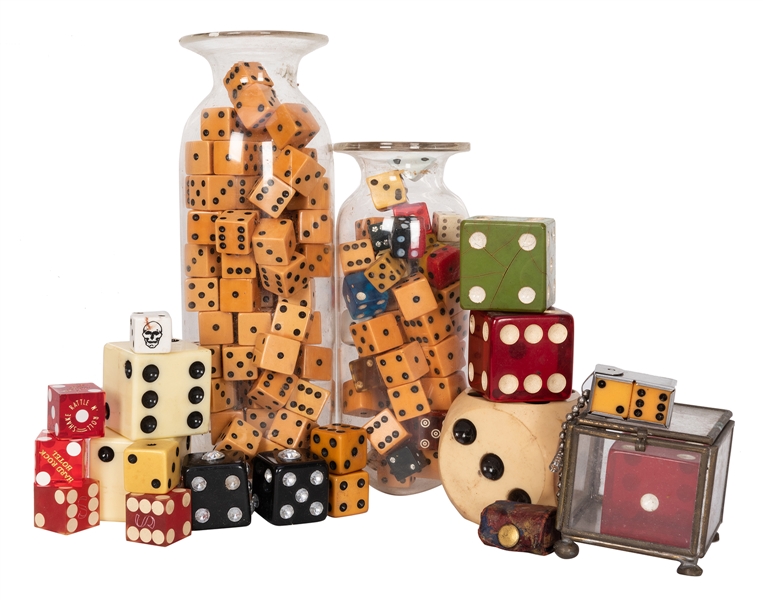 Collection of Vintage Dice, Including Bakelite, Bone, and Casino