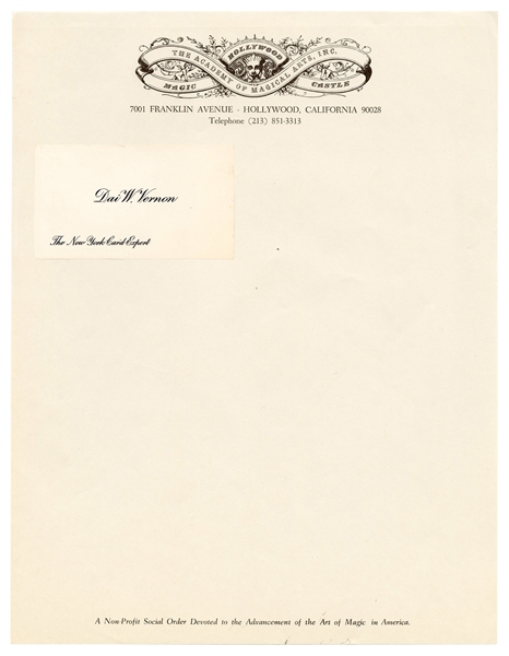 Academy of Magical Arts Letterhead and Dai Vernon Business Card.