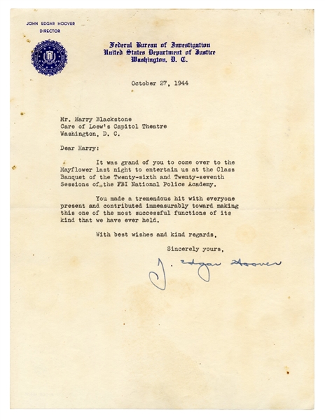 J. Edgar Hoover TLS to Harry Blackstone
