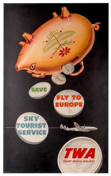 TWA. Save. Fly to Europe. Sky Tourist Service.