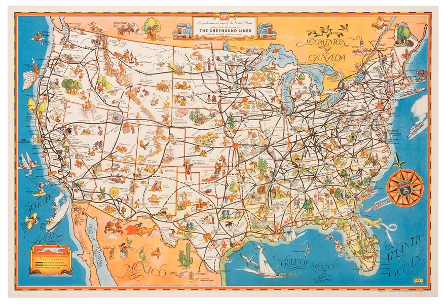 A Good-Natured Map of The United States. The Greyhound Lines.