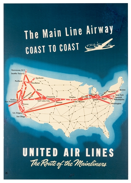 United Air Lines. The Route of the Mainliners. Circa