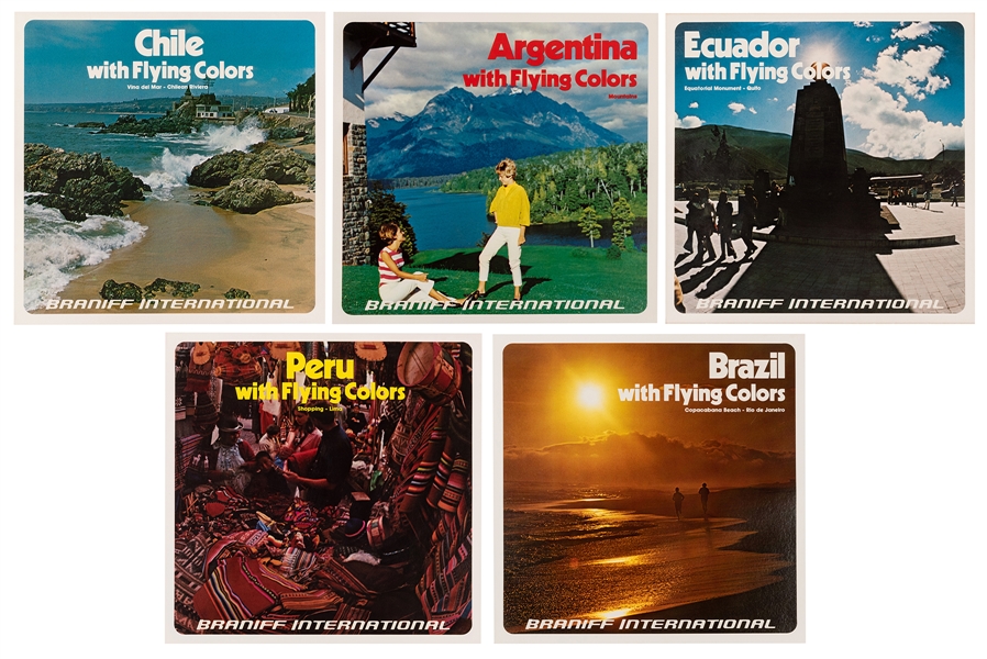 Five Braniff International Original Airline Travel Posters.