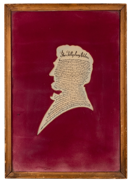 Silhouette of Lincoln with Gettysburg Address in Calligraphy.