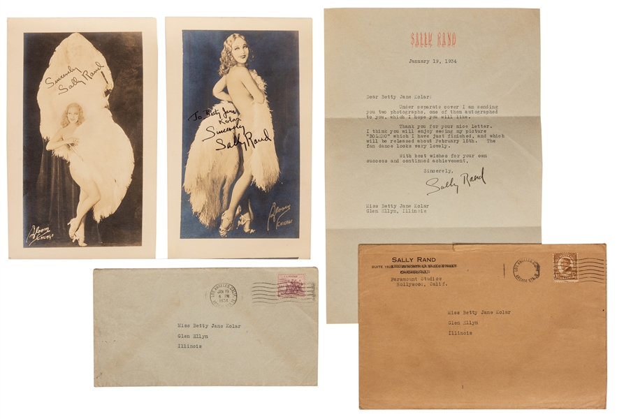 Sally Rand Signed and Inscribed Photograph to Betty Jane Kolar.