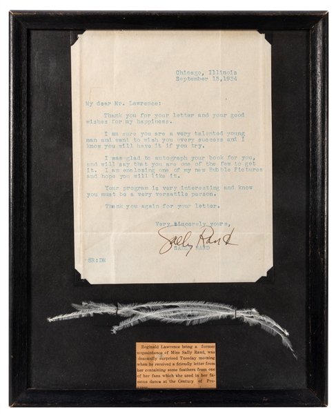 Sally Rand. Typed Signed Letter.
