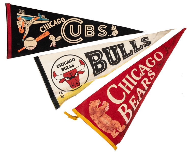 Lot of 14 Chicago Sports Pennants. Cubs, Bears, Blackhawks and Others.
