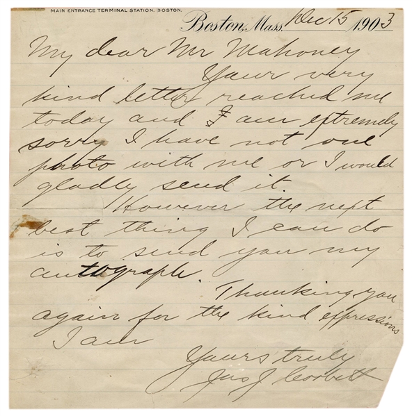 James J. Corbett Autograph Letter Signed.