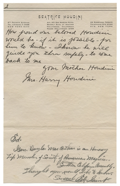 Bess Houdini ALS signed “Your Mother Houdini.”