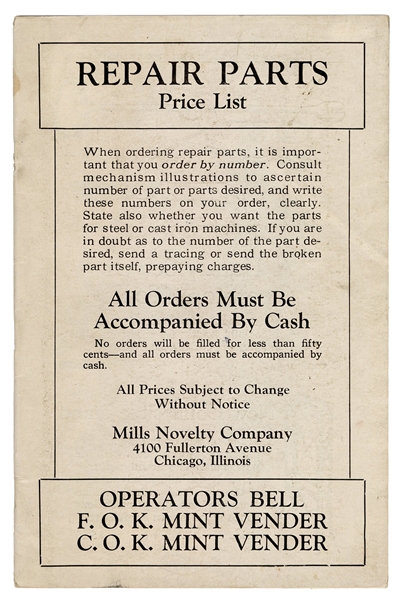 Mills Novelty Co. Repair Parts Price List.
