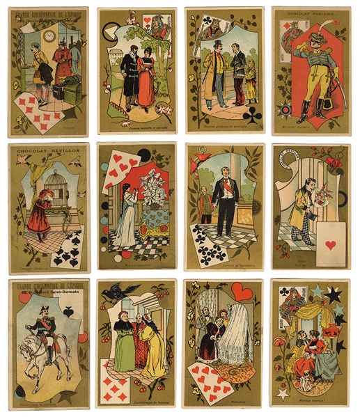 Twelve French Chromolithographed Trade Cards Featuring Playing Cards.