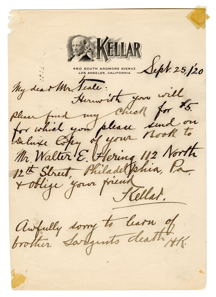 Autograph Letter Signed, “Kellar,” to Oscar Teale.